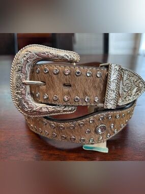 Ranger Belt Co. Genuine Roan Hair-On-Hide Rhinestone Western Belt Sz 34 NWT